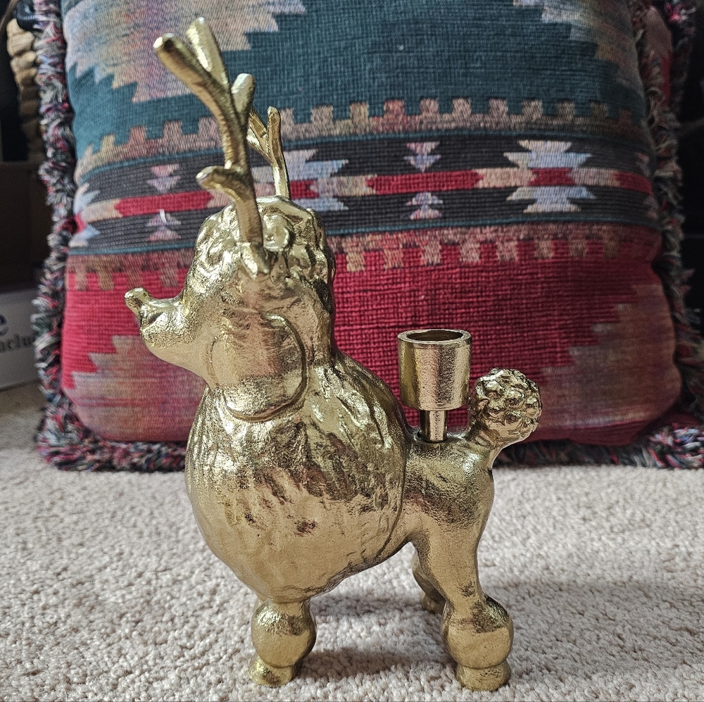 Opalhouse Poodle Dog Reindeer w Antlers Gold Metal heavy Candlestick Holder 9.5" - Picture 4 of 8